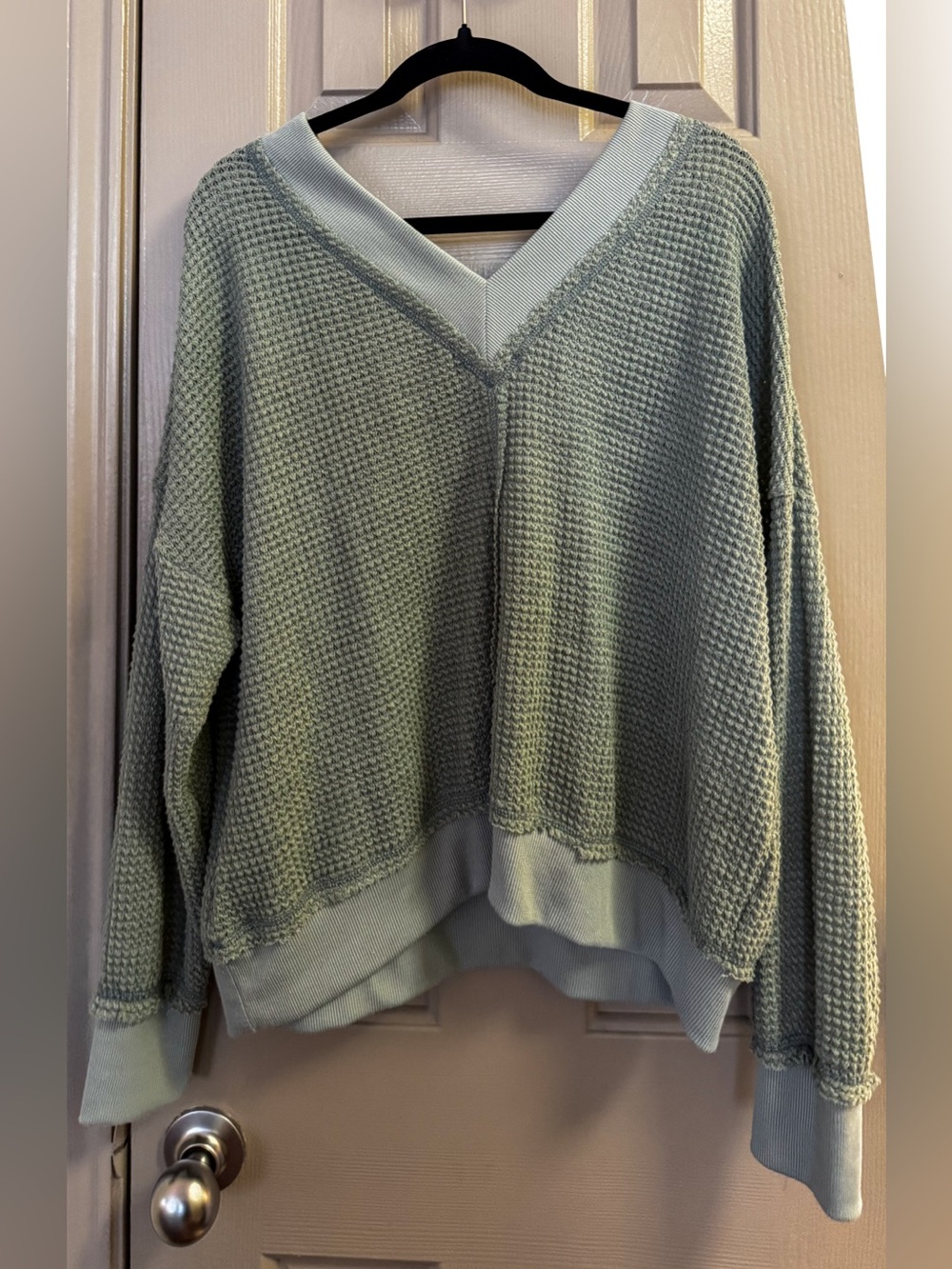 La Miel Sage Green Waffle Knit Oversized V Neck Sweater